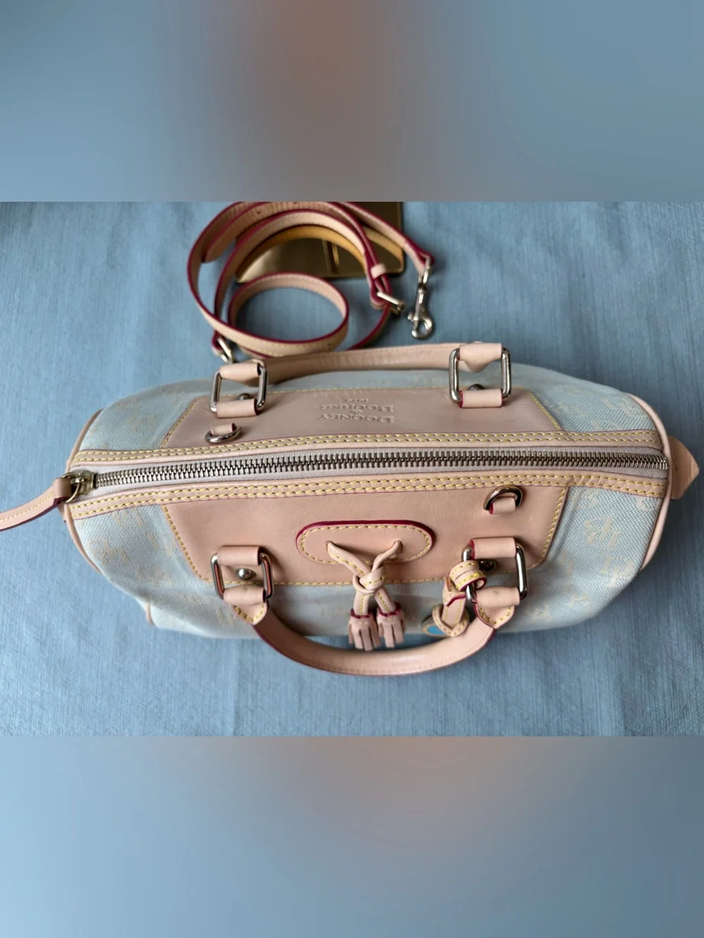 Vintage Dooney Bourke Light Blue Logo Satchel with Vacchetta Leather Trim Tassel